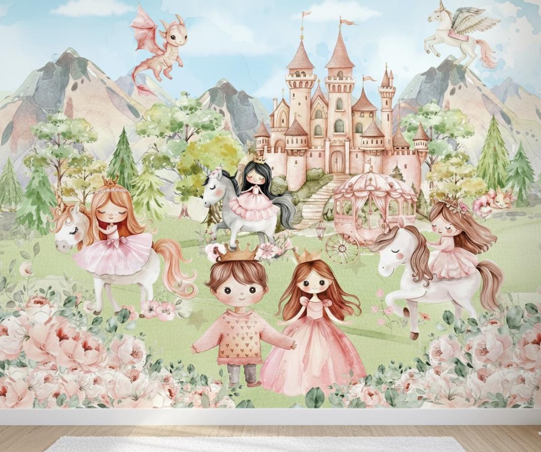 Princess and Castle Nursery Wallpaper Magic Kingdom Fairytale Peel and ...