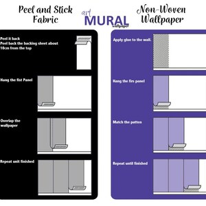 May include: An instructional infographic comparing installation methods for Peel and Stick Fabric and Non-Woven Wallpaper. The black panel details four steps for fabric, including peeling back 10cm of the backing. The purple panel outlines four steps for non-woven wallpaper, starting with applying glue to the wall.
