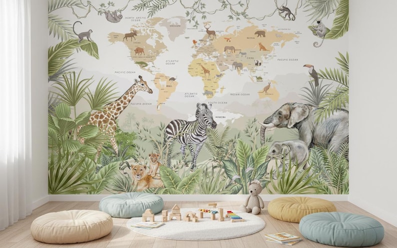 Kids World Map Wallpaper | Safari Jungle Animals Peel and Stick Mural ...