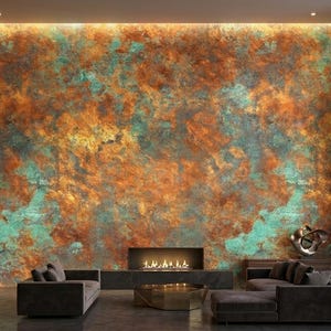 May include: A large wall mural featuring a textured, oxidized metal finish with vibrant swirls of copper, bronze, and verdigris green. The surface displays a weathered, mottled appearance with deep rust tones and bright turquoise highlights throughout.