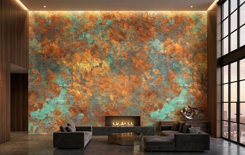 May include: A large wall mural featuring a textured, oxidized metal finish with vibrant swirls of copper, bronze, and verdigris green. The surface displays a weathered, mottled appearance with deep rust tones and bright turquoise highlights throughout.