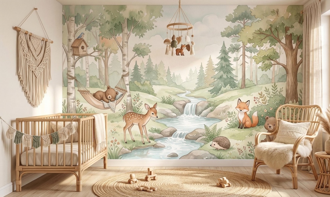 Watercolor Woodland Animals Nursery Wallpaper – Forest Creatures ...