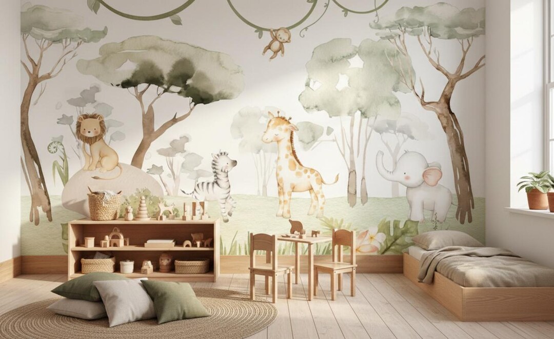 Watercolor Safari Nursery Wallpaper Mural, Peel and Stick Jungle ...