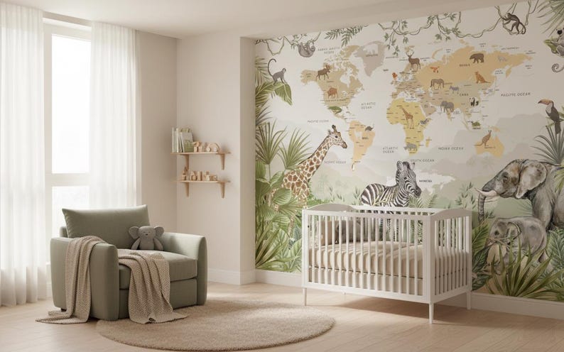 Kids World Map Wallpaper | Safari Jungle Animals Peel and Stick Mural ...