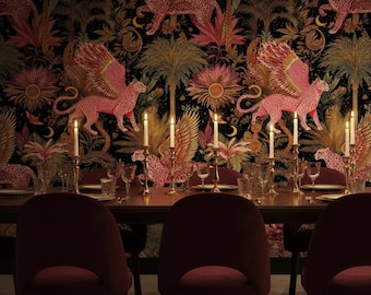 Pink & Gold Winged Leopard Peel and Stick Wallpaper: Dark Jungle Tropical Forest Mural