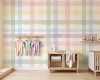 Pastel Gingham Wallpaper, Watercolor Checkered Nursery Decor (Peel and Stick)