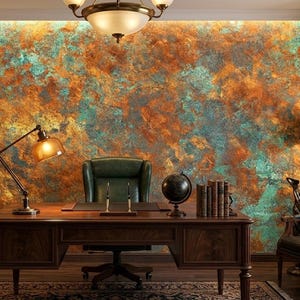 May include: A well-appointed office featuring a dark wooden desk, a green leather chair, and a vintage-style desk lamp. The backdrop is a textured wall with shades of orange, teal, and brown. A globe and books sit on the desk, with a decorative sculpture nearby.