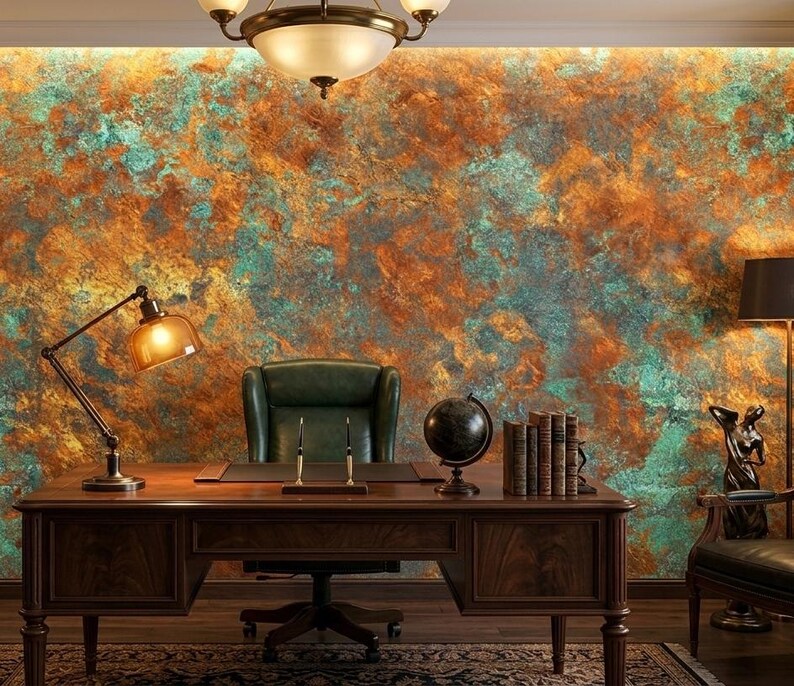 May include: A well-appointed office featuring a dark wooden desk, a green leather chair, and a vintage-style desk lamp. The backdrop is a textured wall with shades of orange, teal, and brown. A globe and books sit on the desk, with a decorative sculpture nearby.