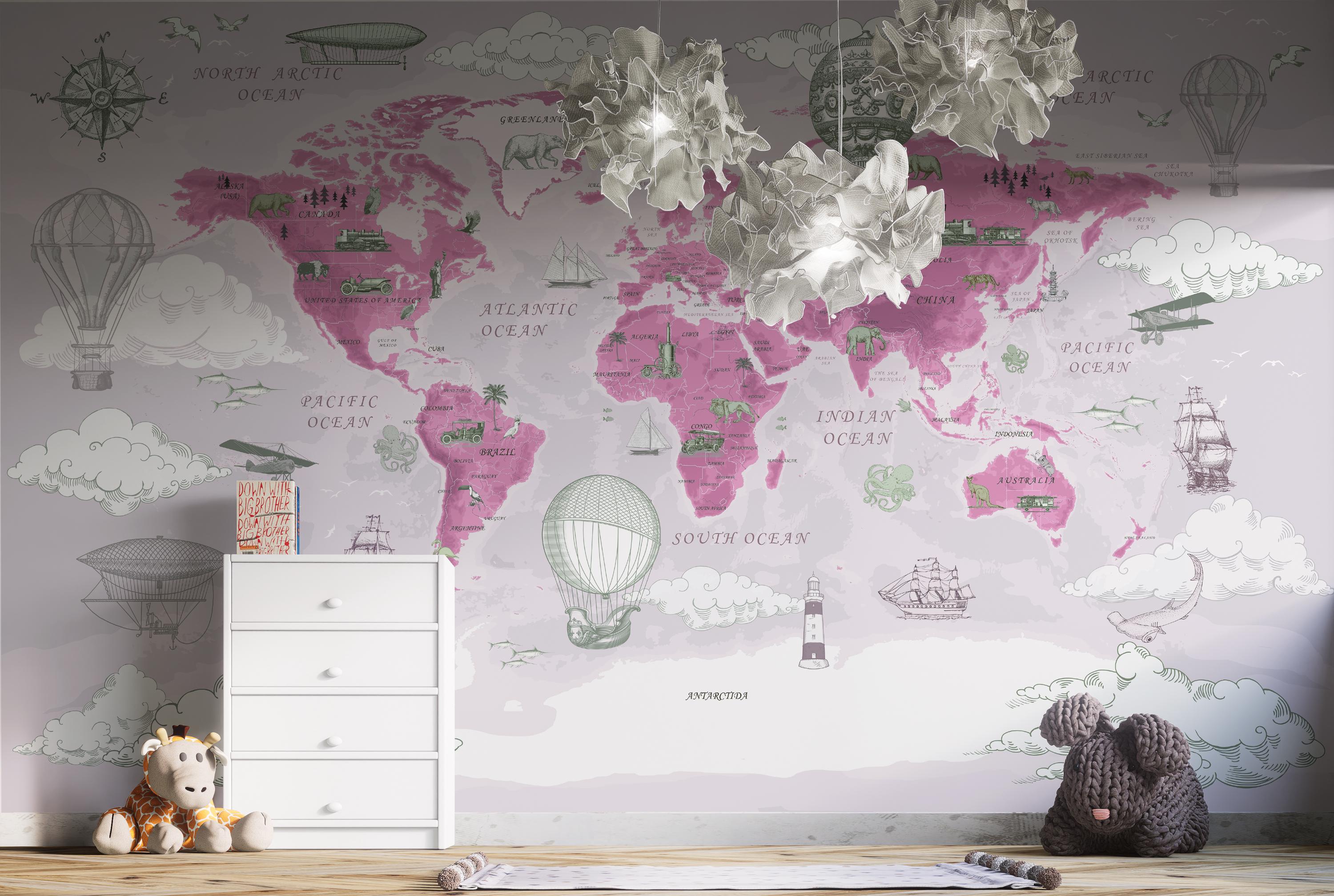 Kids Map Wallpaper Political World Map Wall Mural Hot Air Balloon ...