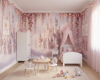 Pink Castle Mural, Floral Fairytale Peel and Stick Wallpaper
