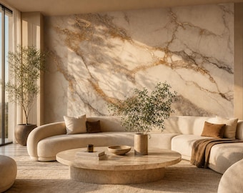 White Gold Marble Wallpaper, Elegant Stone Wall Mural, Neutral Beige Decor
