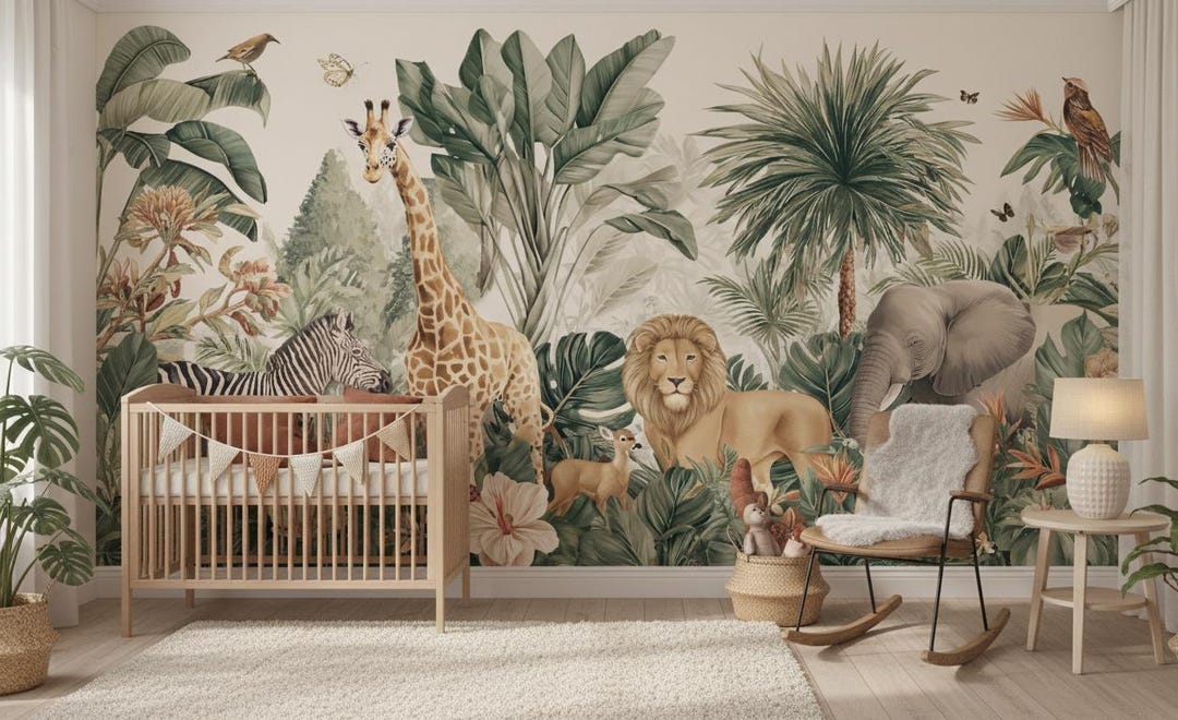 Safari Jungle Animals Wallpaper Mural | Peel and Stick Nursery & Kids ...