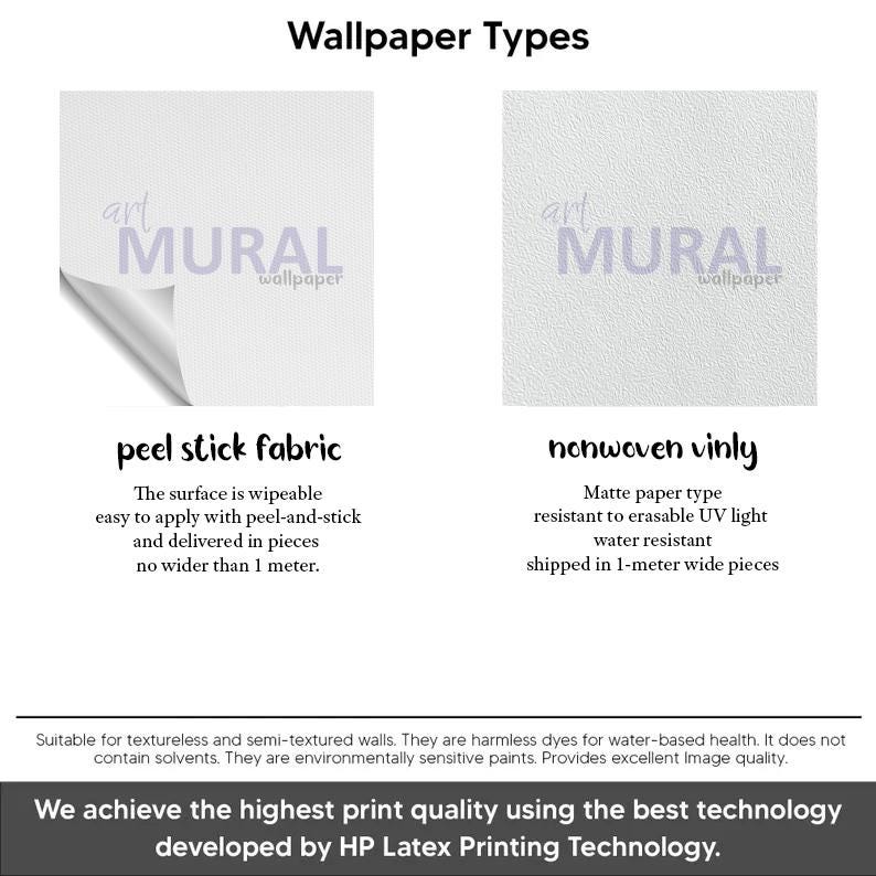 May include: A comparison chart titled Wallpaper Types showing two white material samples: peel stick fabric with a smooth texture and nonwoven vinly with a textured surface. Text details application, material properties, and HP Latex printing technology.