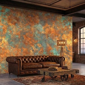 Rustic Copper Patina Peel and Stick Wallpaper, Aged Metal Texture Wall Mural image 1