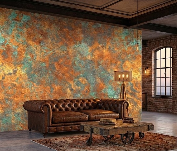 Rustic Copper Patina Peel and Stick Wallpaper, Aged Metal Texture Wall Mural