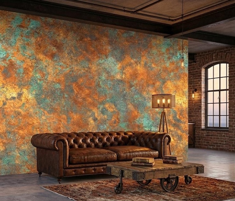 Rustic Copper Patina Peel and Stick Wallpaper, Aged Metal Texture Wall Mural image 1