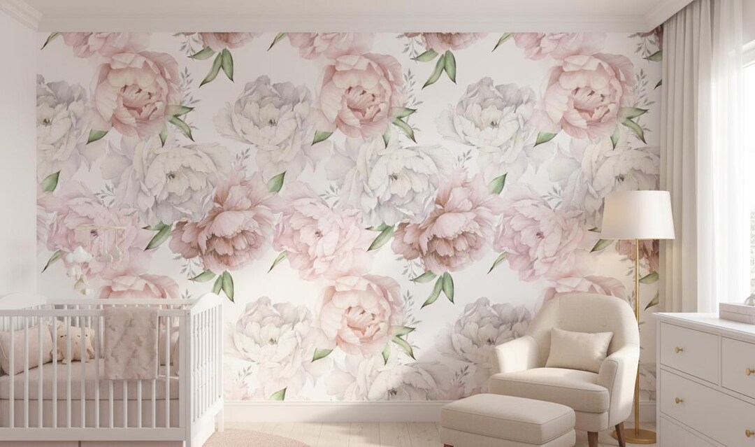 Pastel Peony Wallpaper Peel and Stick | Watercolor Soft Floral Wall ...