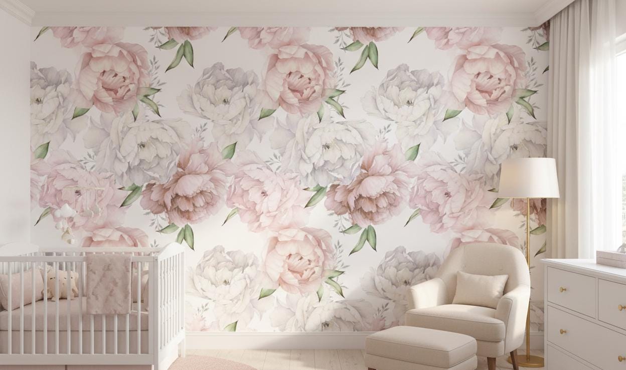 Pastel Peony Wallpaper Peel and Stick | Watercolor Soft Floral Wall ...
