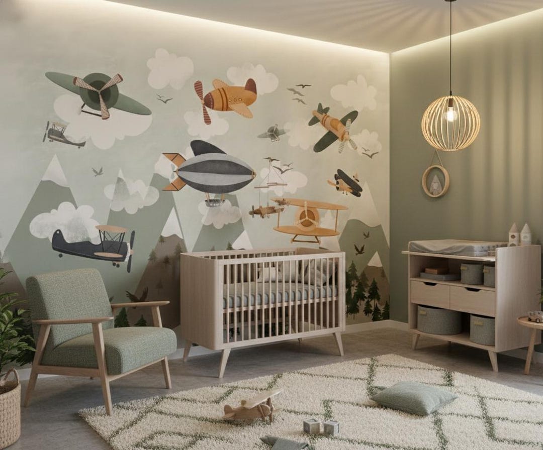 Vintage Airplane Kids Wallpaper Mural: Skywards Nursery Wall Art - Etsy