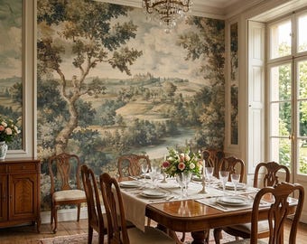 May include: A dining room with a large wooden table set for a meal. The room features a scenic mural wallpaper, a chandelier, and wooden chairs. A floral centerpiece and place settings are visible.