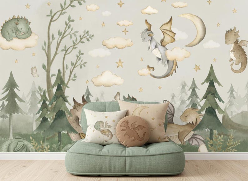 Baby Dragons Wallpaper – Fantasy Forest Nursery Mural, Custom Size - Etsy