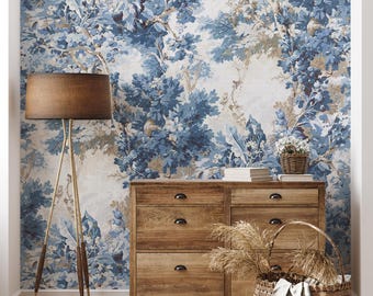 Blue Floral Peel and Stick Wallpaper | Modern Wall Mural, Custom Size