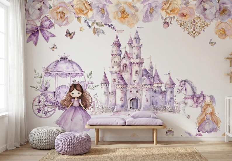 Watercolor Princess Castle Mural, Lavender Fairytale Nursery Wall Decor ...