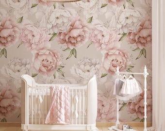 Pastel Peony Wallpaper Peel and Stick Watercolor Soft Floral Wall Mural | Peonies Blossom Wallpaper - living room, bedroom, kids room Mural
