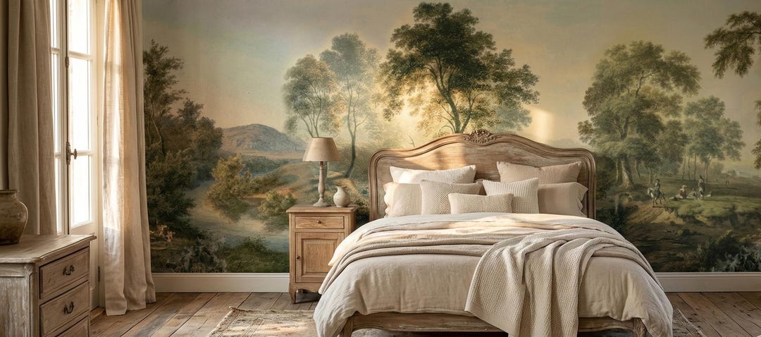 Vintage Pastoral Landscape Wallpaper Mural – Antique European ...