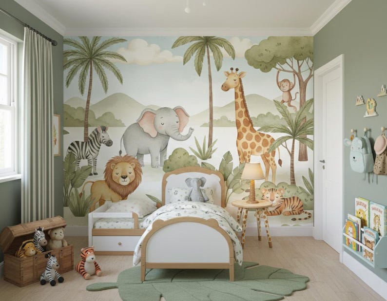 Safari Animal Wallpaper, Kids Jungle Nursery Wall Mural, Peel and Stick ...