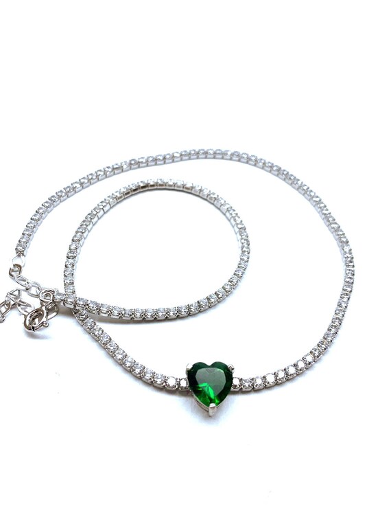 Emerald Heart Tennis Link Chain Choker Emerald Heart Choker Etsy