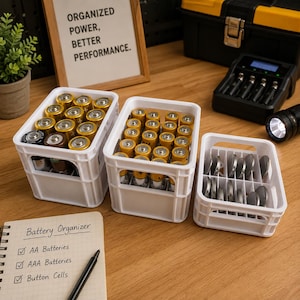 Puede incluir: Tres cajas de almacenamiento de plástico blanco llenas de pilas. Dos cajas contienen pilas cilíndricas AA y AAA, mientras que la tercera caja más pequeña contiene pilas de botón. Un cuaderno con el texto Battery Organizer está cerca.