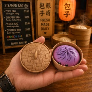Può includere: Un piccolo contenitore rotondo color beige con un coperchio testurizzato a motivo intrecciato e una base abbinata. All'interno della base si trova un oggetto liscio viola a forma di panino con due piccoli occhi neri, tenuto in un palmo.