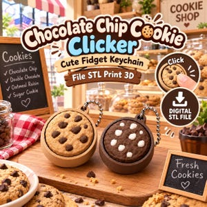 May include: Two round fidget keychains shaped like cookies, one light tan with dark brown chips and one dark brown with white chips, each attached to a silver ball chain. The image features text reading Chocolate Chip Cookie Clicker.