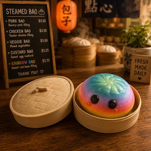 Op de afbeelding: Een regenboogkleurig gestoomd bao-broodje met twee donkere ronde ogen, rustend in een ronde bamboe stoommand. Daarnaast ligt het bijpassende bamboe deksel. Een menubord toont bao-opties en een bordje vermeldt de tekst Fresh Made Daily.