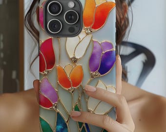 Funda de teléfono personalizada con flores de tulipán y vitrales, con iniciales personalizadas para iPhone 17, 16, 15, 14, 13, 12 Pro Max y Samsung S25, S24 y S23.