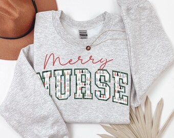 Sudadera navideña de enfermera, sudadera de cuello redondo "Feliz Enfermera"