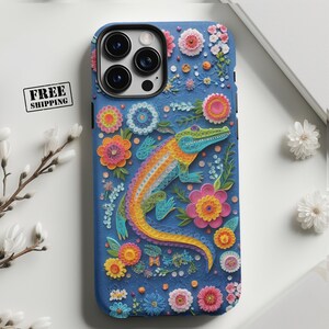 Mobilskal med alligator och krokodil, blommönster, personlig namnpresent till iPhone/Samsung/Pixel