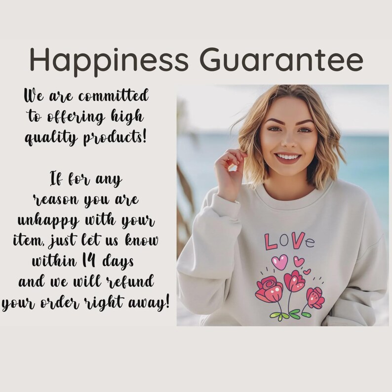 Puede incluir: Una sudadera crema con la palabra "LOVE" y un dise&ntilde;o floral rosa. La imagen incluye el texto "Garant&iacute;a de felicidad" y un compromiso con productos de alta calidad. Una mujer sonr&iacute;e en la imagen.