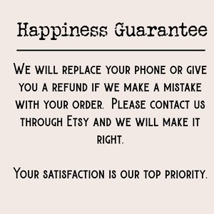 May include: A cream-colored graphic with the words "Happiness Guarantee" in a decorative font. The text below states the seller will replace or refund if there's an order mistake. It also says to contact them through Etsy.