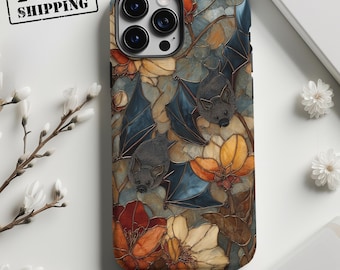 Teléfono con vitrales y murciélagos de flores silvestres personalizado, inicial personalizada para iPhone 17, 16, 15, 14, 13, 12 Pro Max, Samsung S25, S24 y S23, teléfono con flores.