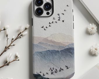 Birds Mountain Landscape iPhone Case, MagSafe Compatible, Dual-Layer Protective Cover