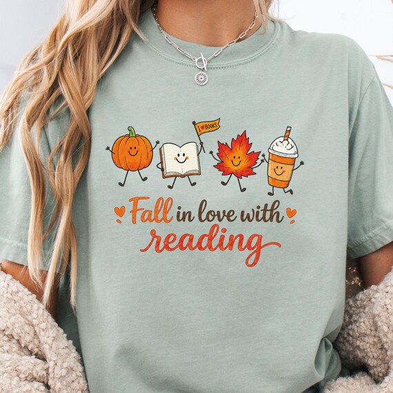 Fall Reading Shirt, Fall In Love With Reading Sweatshirt, Book Lover Autumn Teacher Tee librarian shirt gift idea