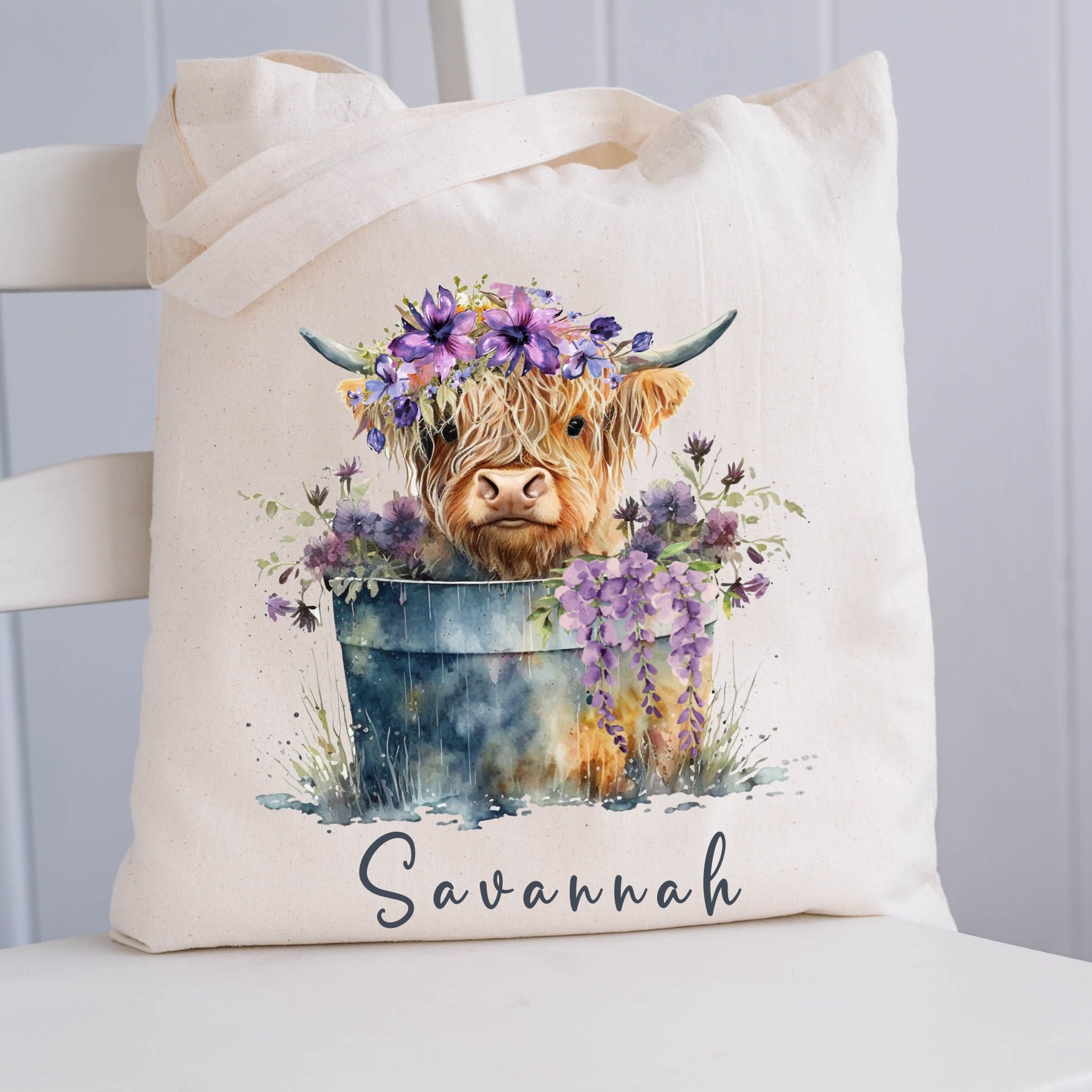 Christmas Highland Cow Bag Tote Gift, Floral Boho Highland Cow