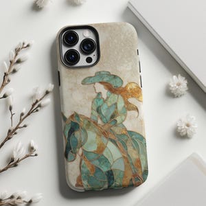 May include: A phone case featuring a stained-glass style illustration of a woman riding a horse. The design incorporates shades of teal, gold, and brown. The woman wears a hat and flowing hair. The case has a marble-like background.