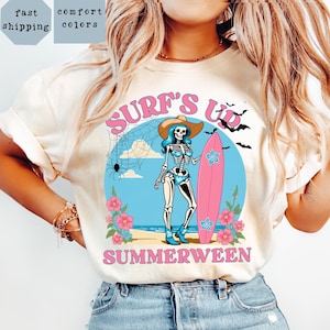 Surfing Skeleton Shirt, Retro Summerween Graphic Tee,Cute Skeleton Cowgirl Shirt, Halloween Beach Shirt for Women, boho summer halloween tee