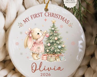 Baby Girl First Christmas Ornament 2026, Personalized Bunny Ornament, Newborn Girl Christmas Gift, Custom Name Baby Keepsake