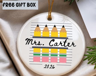 Personalized Teacher Ornament, Pencil Teacher Christmas Gift, Custom Name Teacher Ornament, Classroom Gift, 2026 Teacher Keepsake