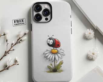 Funda personalizada para teléfono con diseño de mariquita y margarita, con nombre personalizado para iPhone, Samsung y Google Pixel.