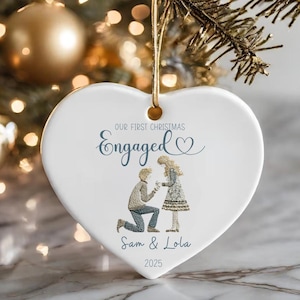 Our First Christmas Engaged Ornament 2025 – Personalized Heart Engagement Ornament with Names and Proposal Scene